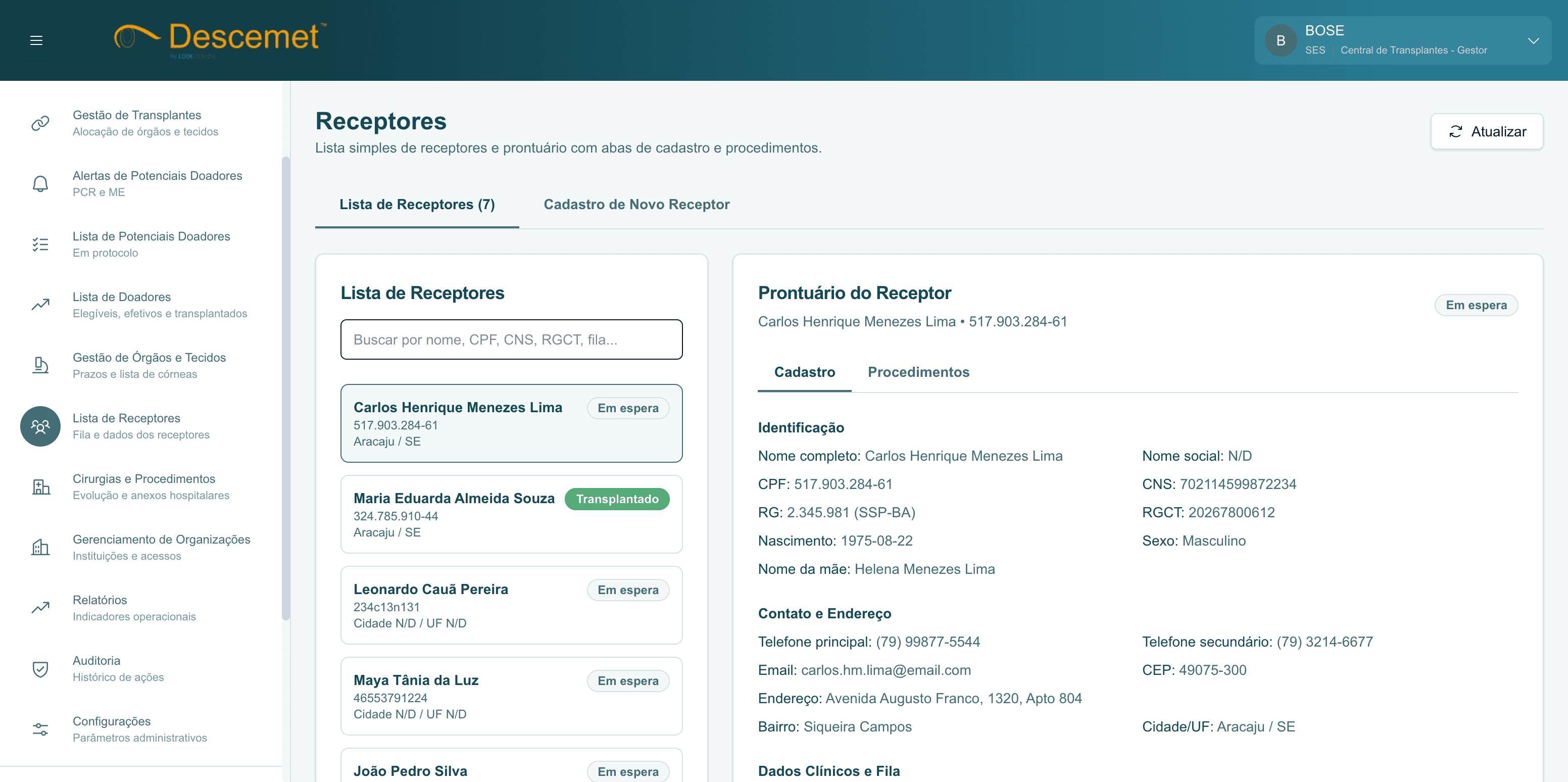 Tela de receptores com prontuário no Descemet
